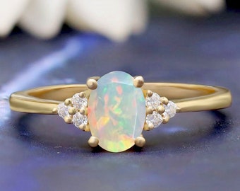 Natural Opal Ring 14k Gold Ring |October Birthstone Ring | Stunning Oval Cut Natural Opal Anniversary Ring |Gift For Her Birthday,Ring Gift