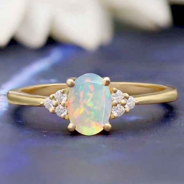 Natuurlijke Opaal Ring 14k Gouden Ring | Oktober Birthstone Ring | Prachtige ovaal geslepen natuurlijke opaal jubileumring | Cadeau voor haar verjaardag, ringcadeau