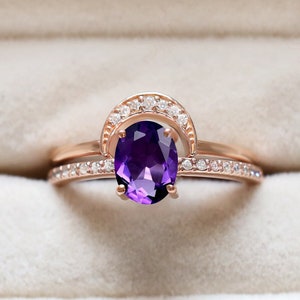 2pcs Amethyst Ring Set Ova Natural Amethyst 14K Rose Gold 925 Silver Engagement Ring Set Bridal Ring Set For Bride Crescent Wedding Ring Set