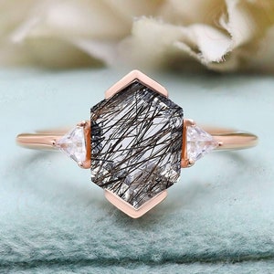 Hexagon AAA Natural Black Rutile Gemstone Wedding Anniversary Ring Gift For Wife 14k Rose Gold Plated Statement Birthday Friend Women Gift