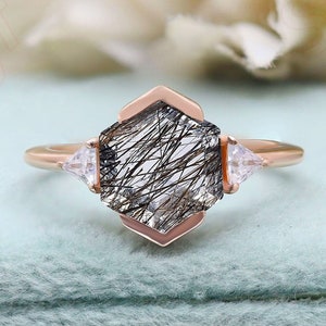 Hexagon Natural Black Rutile Gemstone Wedding Engagement Moissanite Ring For Her Promise Proposal for Love Anniversary Birthday Women Gift