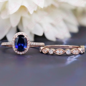 Blue Sapphire Engagement Ring Set, Halo Wedding Ring Set, Art deco Proposal Ring Set For Women, Ring With Matching Band, Milgrain Ring