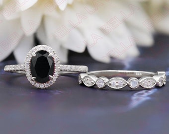 Black Onyx 2pcs Ring Set, Oval Cut Natural Black Onyx Engagement Ring Set, Beautiful Black Stone Ring, Halo Wedding Anniversary Ring Set