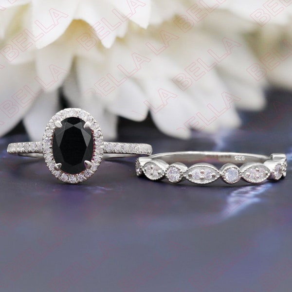 Black Onyx 2pcs Ring Set, Oval Cut Natural Black Onyx Engagement Ring Set, Beautiful Black Stone Ring, Halo Wedding Anniversary Ring Set