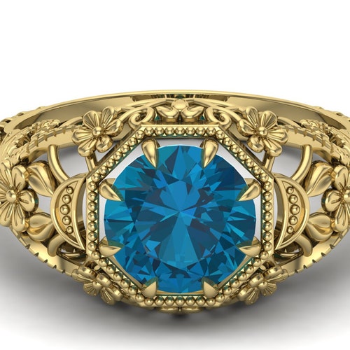 AAA Natural London Blue Topaz Engagement Bridal Ring For Her, Round Shape Stone Ring, Gift For shops Wife Anniversary, Floral Ring, Leaf Ring.