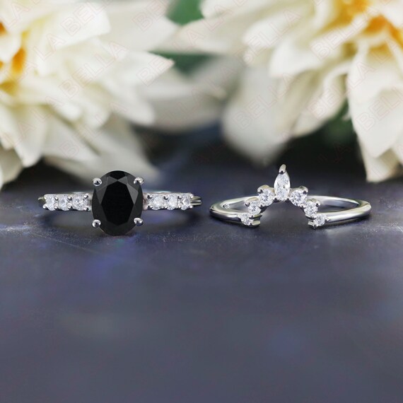 Oval 8x6mm Natural Black Onyx Engagement Ring Set, Christmas Gift