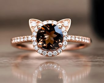 Round Smokey Quartz Halo Wedding Bridal Engagement 14k Rose Gold 925 Silver Ring Birthday Gift Proposal Ring Graduation Gift Promise Ring