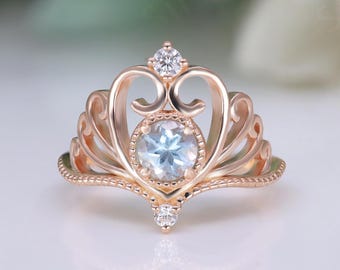 Beautiful Round Sky Blue Topaz Crown Wedding Bridal Engagement 14k Rose Gold 925 Silver Ring Birthday Gift Proposal Ring Graduation Gift