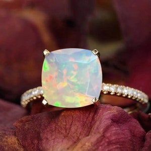 Opal Ring |Cushion Cut Natural Ethiopian Opal Engagement Ring |Moissanite Ring |Half Eternity Ring |Gift For Love |Women's Ring