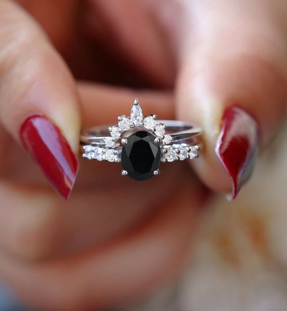 Oval 8x6mm Natural Black Onyx Engagement Ring Set, Christmas Gift