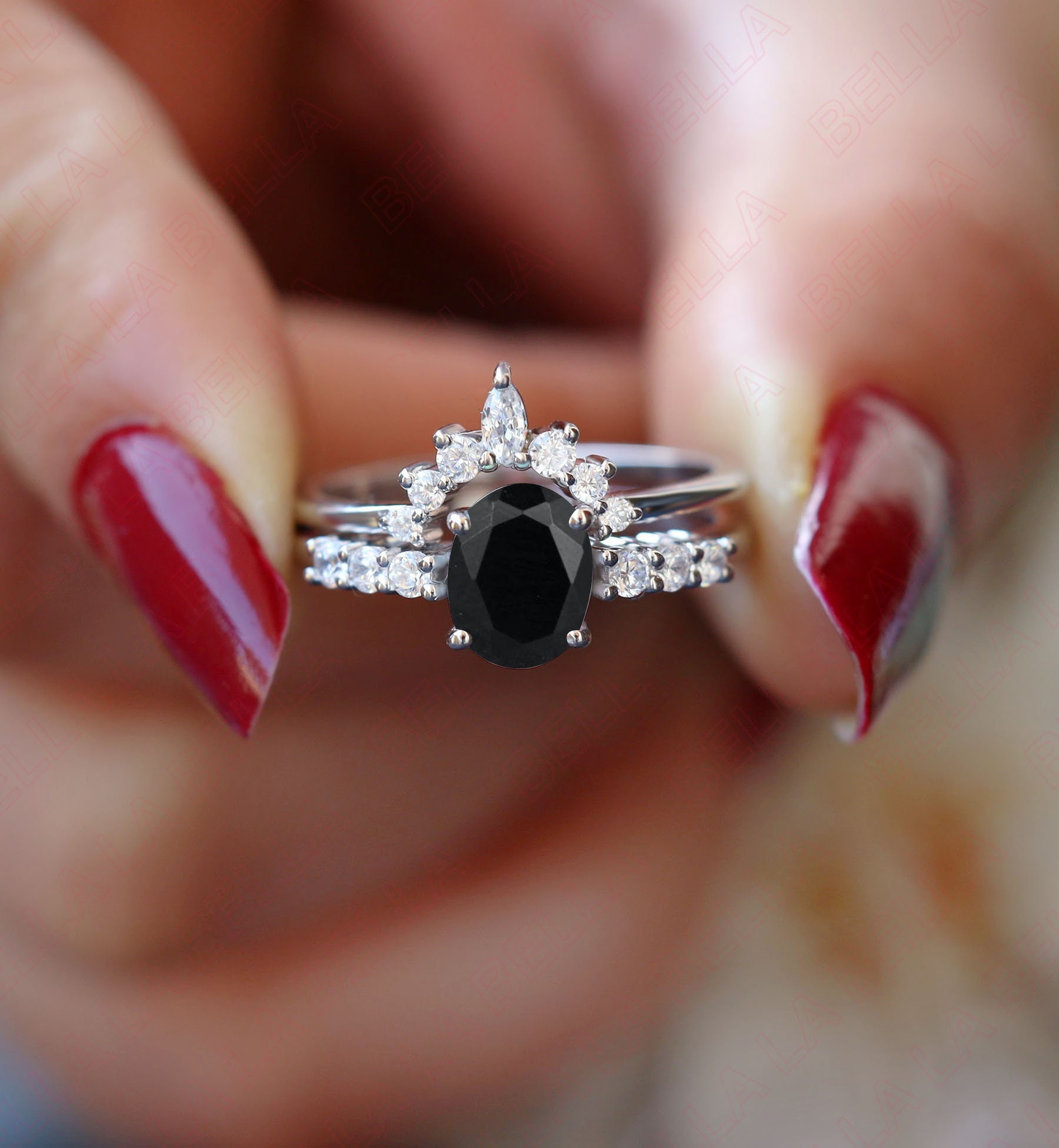 アスティエ　クリスマスオーナメント　ENGAGEMENT RING BLACK Oval 8x6mm Natural Black Onyx Engagement Ring Set, Christmas Gift