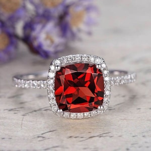 Natural Red Garnet Wedding Bridal Ring |Promise Ring |Cushion Red Garnet Engagement Ring |Moissanite Ring |Gift For Her |Gift For Friend.