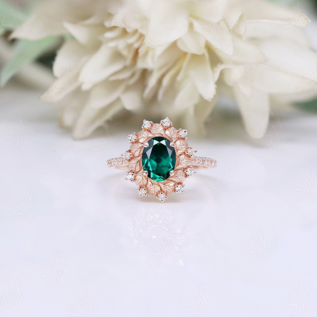Oval Emerald Gemstone Wedding Bridal Engagement Ring 14K Rose Gold ...