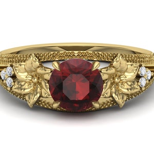 1.15 Cts. Natural Red Garnet Engagement Ring, Moissanite Pave Set in 14KT Yellow Gold Plated Ring,Vintage Art deco Floral Flower Garnet Ring