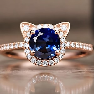 Runder Blauer Saphir 925 Silber 14K Roségold Verlobung Hochzeit Ring Halo Ring Versprechen Ring Abschlussgeschenk Jahrestag Geschenk