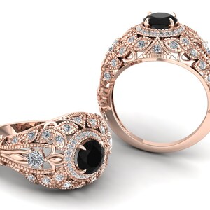 AAA Natural Black Onyx Wedding Bridal Ring, Vintage Art deco, 14K Rose Gold Vermeil Ring For Her, Moissanite Ring, Leaf Ring, Nature Inspire