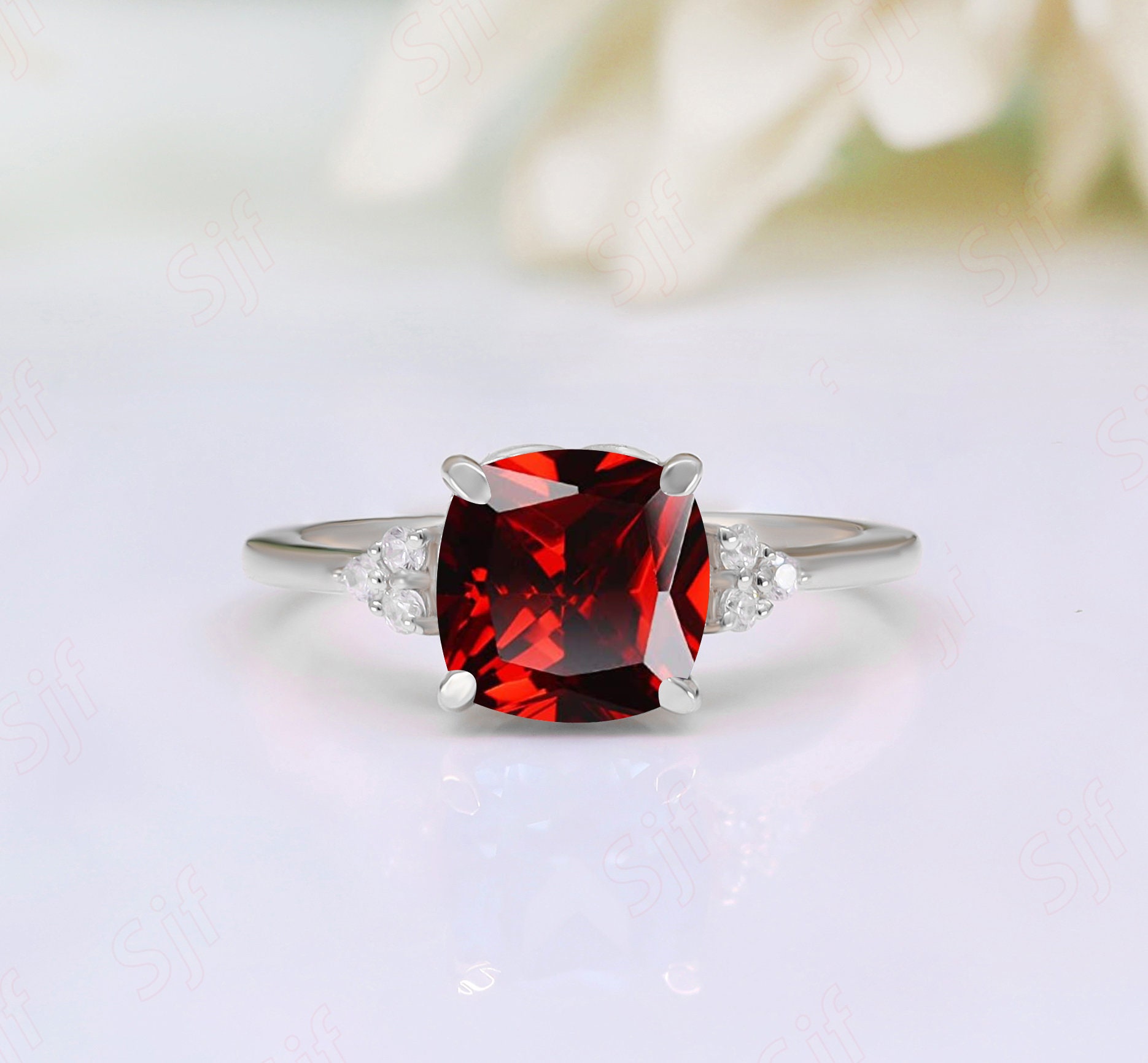 Natural Red Garnet Gemstone Engagement Wedding Bridal Ring