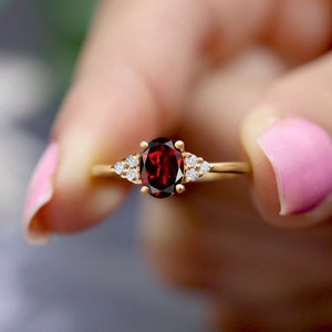 Unique Oval 7x5mm Natural Red Garnet Engagement Gold Ring, Gift For Her, Beautiful Gold Solitaire Ring,Diamond Gold Birthstone Ring For WIfe image 9