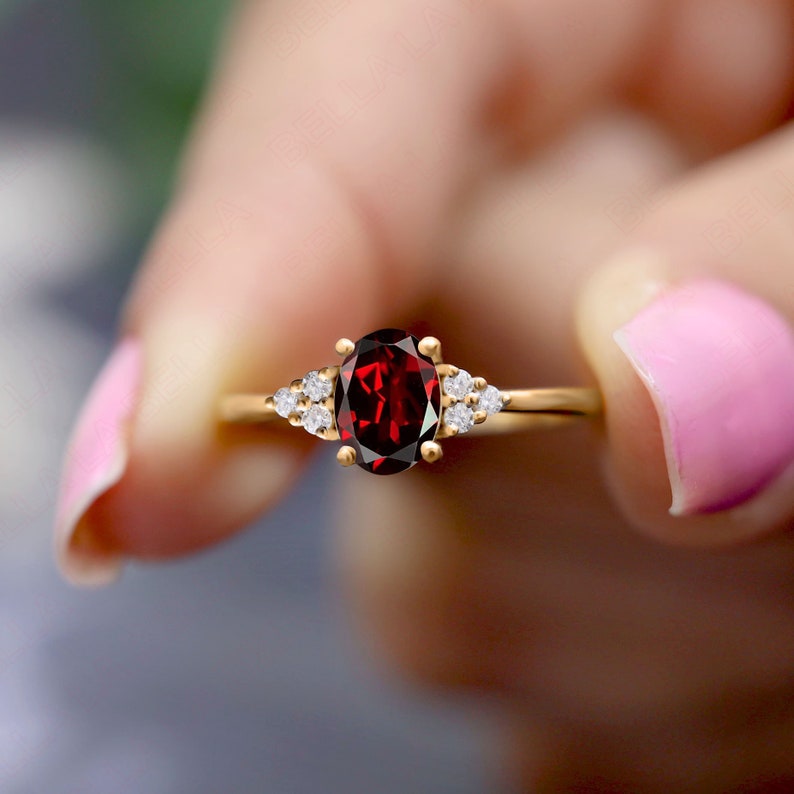 Unique Oval 7x5mm Natural Red Garnet Engagement Gold Ring, Gift For Her, Beautiful Gold Solitaire Ring,Diamond Gold Birthstone Ring For WIfe image 9