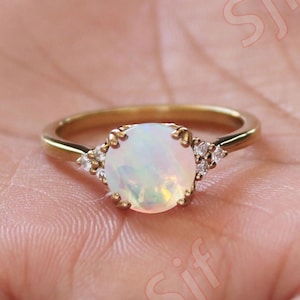 Gorgeous Round Opal Engagement Ring, Beautiful Solitaire Ring For Women, Gift For Love, Bridal Ring 14K Gold 925 Silver Ring