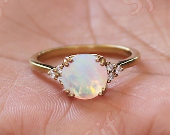 Gorgeous Round Opal Engagement Ring, Beautiful Solitaire Ring For Women, Gift For Love, Bridal Ring 14K Gold 925 Silver Ring