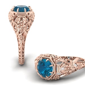 AAA Natürlicher London Blauer Topas Verlobungsring Braut für sie, runde Form Steinring, Geschenk für Frau Jahrestag, Blumenring, Blattring.