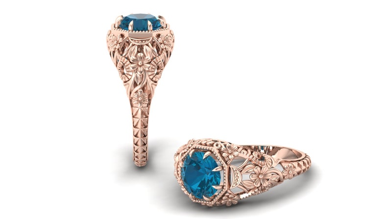 AAA Natural London Blue Topaz Engagement Bridal Ring For Her, Round Shape Stone Ring, Gift For shops Wife Anniversary, Floral Ring, Leaf Ring.