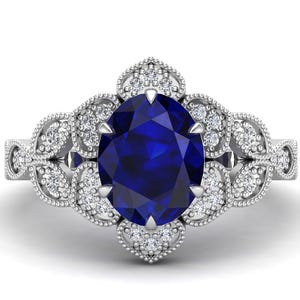 Oval Blauer Saphir Ring 925 Silber rhodiniert Verlobungsring Ehering Brautring Halo Ring Versprechensring Statement Ring Geschenk