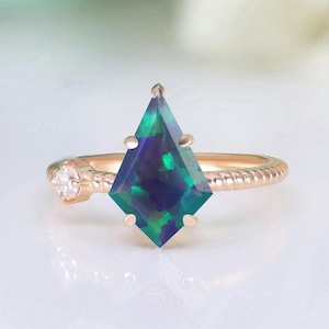 Beautiful Kite Shape Peacock Opal Gemstone Vintage Art Deco Wedding Bridal Engagement Ring 24K Rose Gold 925 Silver Ring Solitaire Ring
