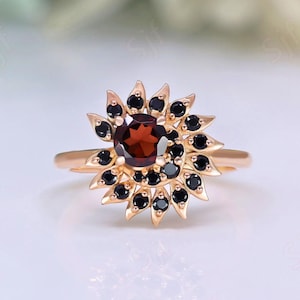 Beautiful Round Red Garnet Halo Wedding Bridal Engagement 14k Rose Gold 925 Silver Ring Birthday Gift Proposal Ring Graduation Gift