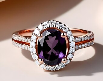 925 Silver 14K Ros Gold Oval Amethyst Ring Wedding Ring Bridal Ring Engagement Ring Promise Ring Birthday Gift Anniversary Gift Halo Ring