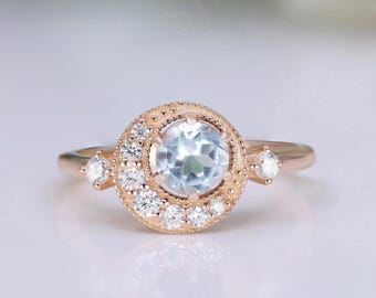 Beautiful Round Sky Blue Topaz Wedding Bridal Engagement 14k Rose Gold 925 Silver Ring Birthday Gift Proposal Ring Graduation Gift
