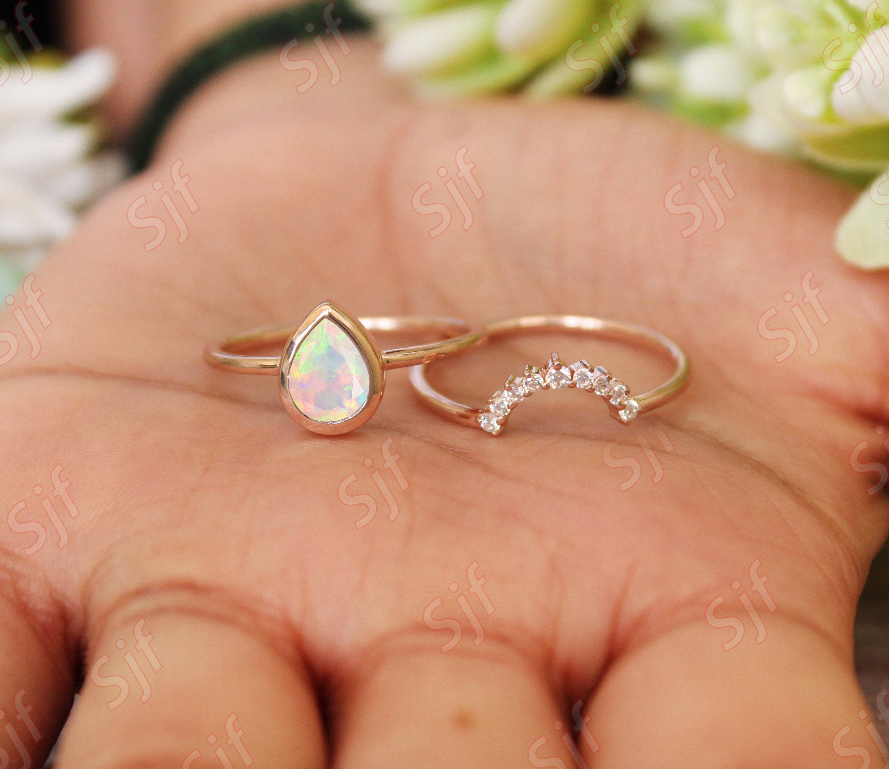 2PCS Pear Shaped Natural Opal Engagement Ring Set, Vintage Unique Rose Gold Wedding Ring, Moissanite Bridal Ring Set,October Birthstone Ring