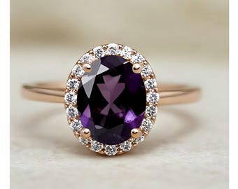 925 Silver 14K Ros Gold Oval Amethyst Ring Wedding Ring Bridal Ring Engagement Ring Promise Ring Birthday Gift Anniversary Gift Halo Ring