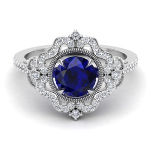 Rund Blau Saphir 925 Silber rhodiniert Verlobung Hochzeit Ring Brautring Halo Ring Versprechen Ring Statement Ring Geschenk