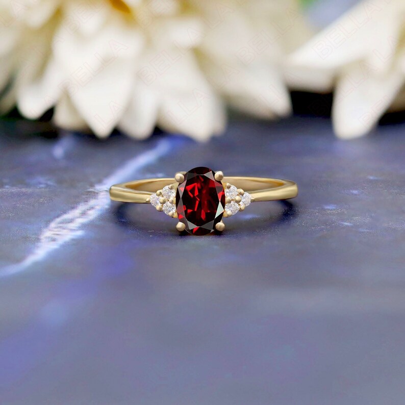Unique Oval 7x5mm Natural Red Garnet Engagement Gold Ring, Gift For Her, Beautiful Gold Solitaire Ring,Diamond Gold Birthstone Ring For WIfe image 1