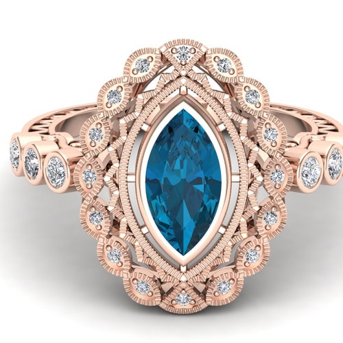 AAA Natural London Blue Topaz Engagement Bridal Ring For Her, Marquise Shape Stone Ring, Bridal Moissanite shops Ring, Gift For Wife Anniversary