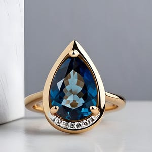 Anillo de boda con topacio azul de Londres en forma de pera, anillo de compromiso de oro de 14 quilates, anillo llamativo, hermoso anillo de promesa, anillos de aniversario de plata