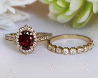 Natural Red Garnet Engagement Ring Set, Antique Art deco Wedding Ring Set, January Birthstone Ring, Milgrain Ring, Halo Ring Set For Her,