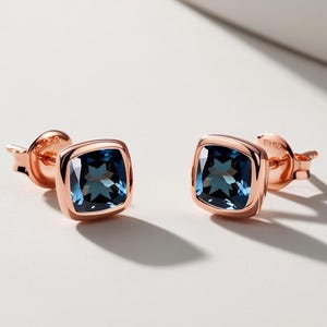 Kissen London Blautopas Ohrstecker 925 Silber 14K Rosegold Edelstein Ohrstecker Lünette Einstellung Handmade Ohrringe Jahrestag Geschenk