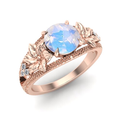 1.05 Cts. AAA Natural Moonstone Engagement Ring, Unique Floral Flower Vintage Art deco Moonstone Ring, Gift shops for Wife, Gift For Her.
