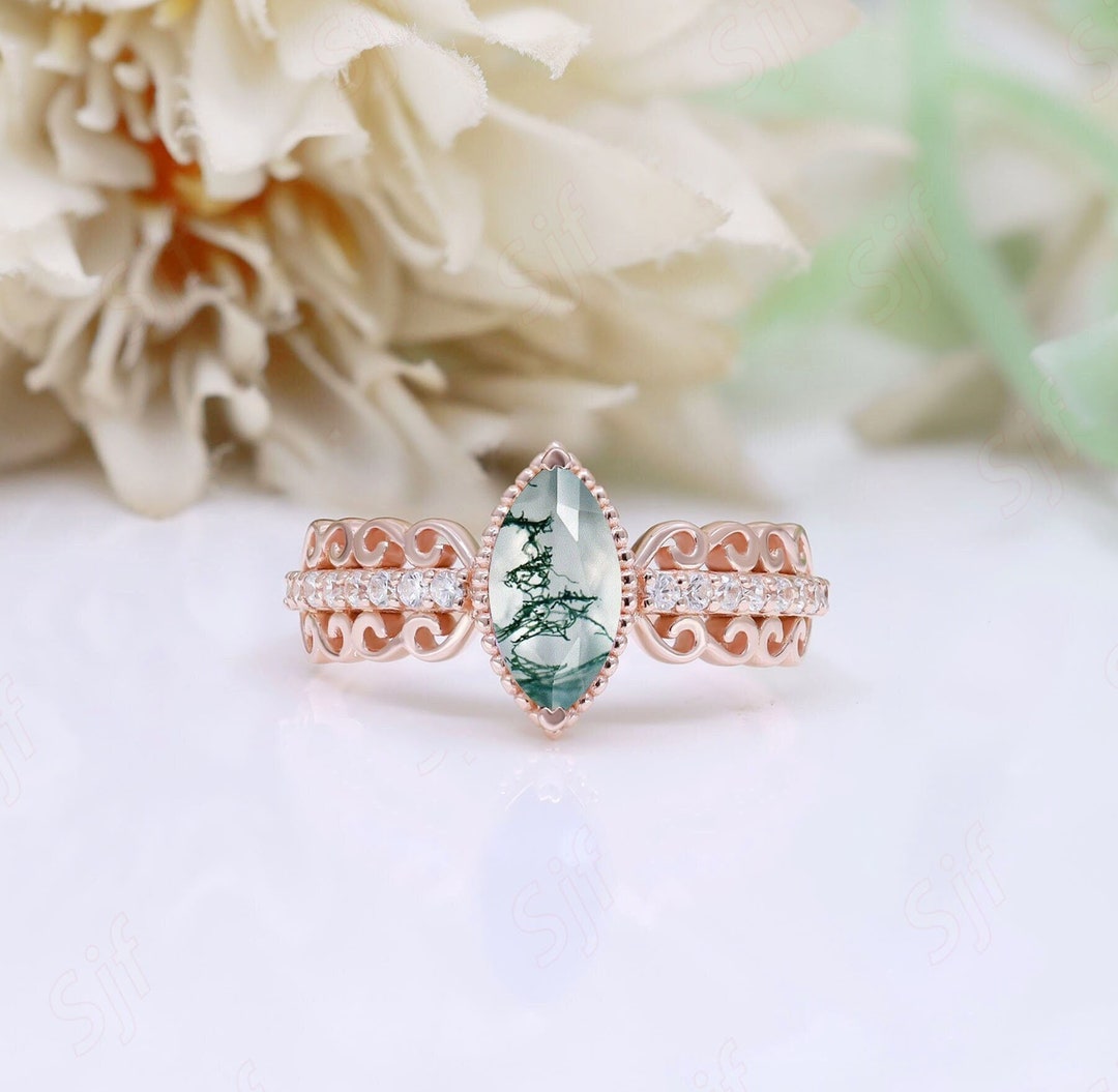 Natural Moss Agate Gemstone Wedding Bridal Anniversary Ring Unique Art ...
