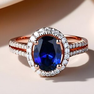 925 Silber 14K Rosegold Blauer Saphir Ring Verlobungsring Hochzeitsring Brautring Halo Ring Versprechensring Jubiläum Geschenk für die Liebe