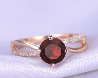 Anillo de compromiso con granate rojo, anillo de granate rojo natural de corte redondo de 7,00 mm, anillo con piedra natal de enero, anillo de aniversario con granate rojo, anillo para mujer