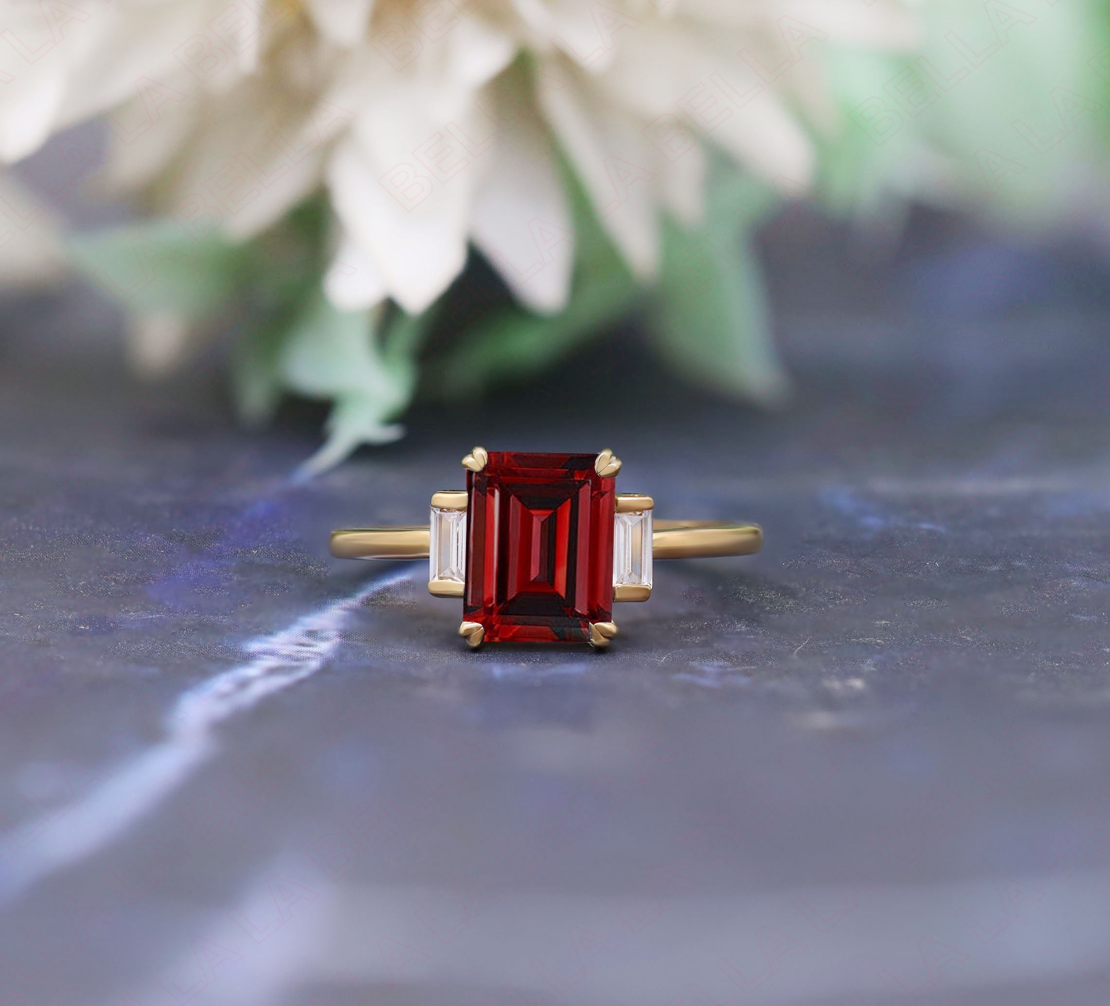 9x7mm Red Garnet Engagement Ring, Emerald Cut AAA Red Garnet Wedding Ring, January Birthstone, Promise Ring, Gift For Love, Bridal Ring