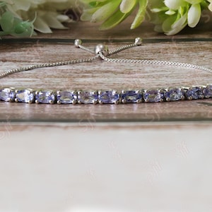 Beautiful Slider Bolo Lock Silver Bracelet, AAA Natural Tanzanite Bracelet For Anniversary Gift, Birthstone Bracelet, Tanzanite jewelry