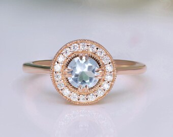 Beautiful Round Sky Blue Topaz Wedding Bridal Engagement 14k Rose Gold 925 Silver Ring Birthday Gift Proposal Ring Graduation Gift