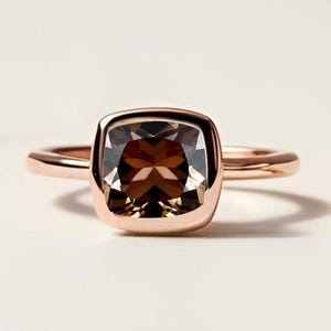 Cushion Smokey Quartz Solitaire 14k Rose Gold 925 Silver Wedding Bridal Engagement Birthday Gift Proposal Ring Anniversary Graduation Gift