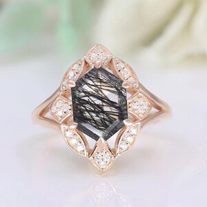 Beautiful Hexagon Black Rutile Wedding Bridal Engagement 14k Rose Gold 925 Silver Ring Birthday Gift Proposal Ring Graduation Gift