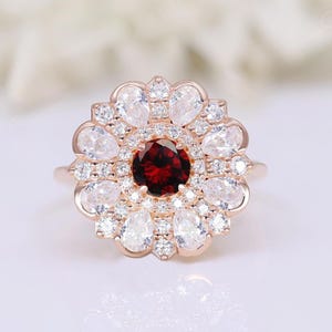 Beautiful Round Red Garnet Halo Wedding Bridal Engagement 14k Rose Gold 925 Silver Ring Birthday Gift Proposal Ring Graduation Gift